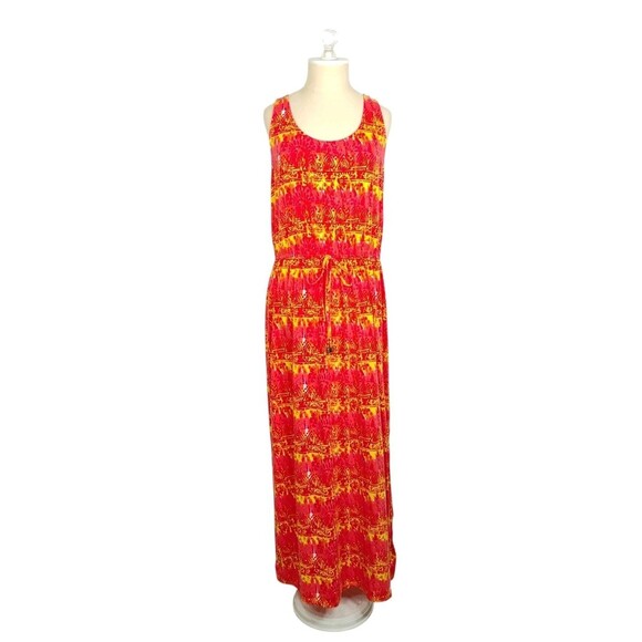 Faded Glory Dress Large Maxi Orange Boho Aztec Sleeveless Stretch Scoop Neck - Picture 1 of 15